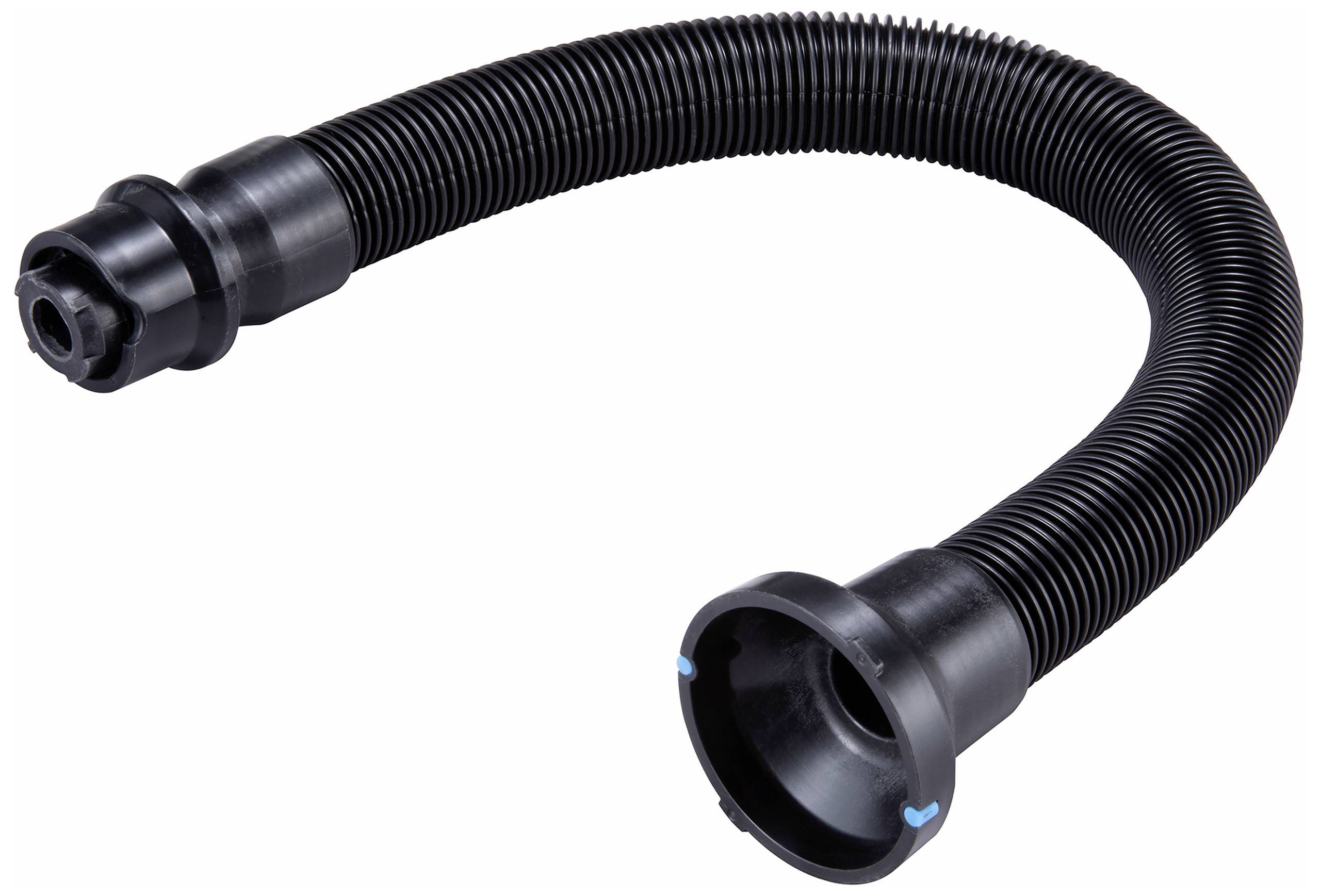 Tuyau ondulé noir flexible avec des embouts larges et arrondis. Adapté pour la protection et le guidage des câbles.