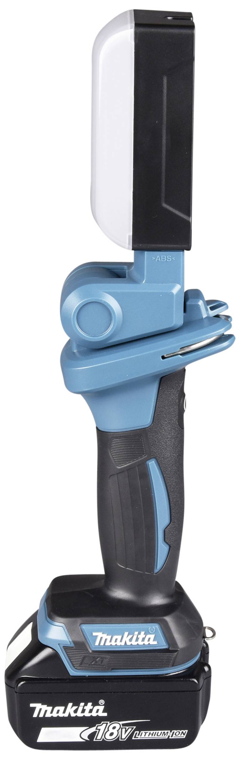 Lampe de travail à batterie avec batterie Li-Ion 18V, poignée noire et boîtier bleu. La lampe est pivotante et portable.