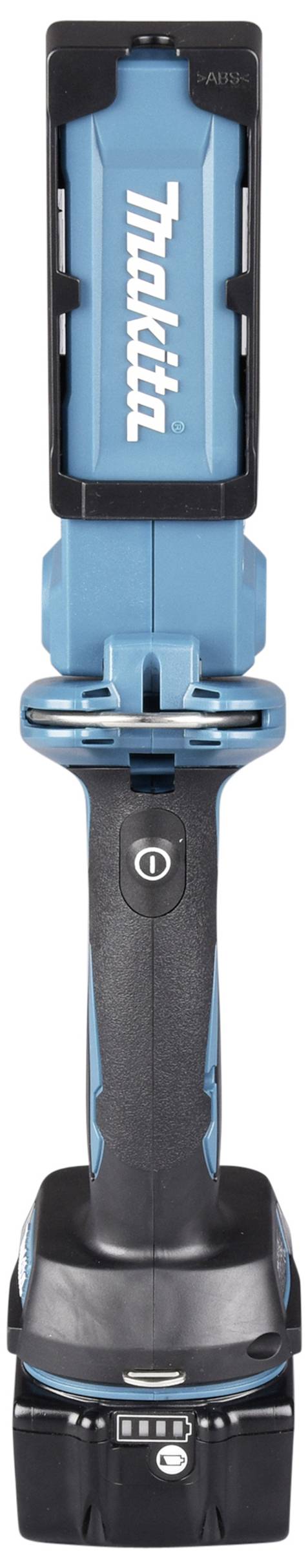 Lampe de travail portable bleue Makita avec poignée noire, affichant un indicateur de batterie ; adaptée pour l'éclairage de chantier.