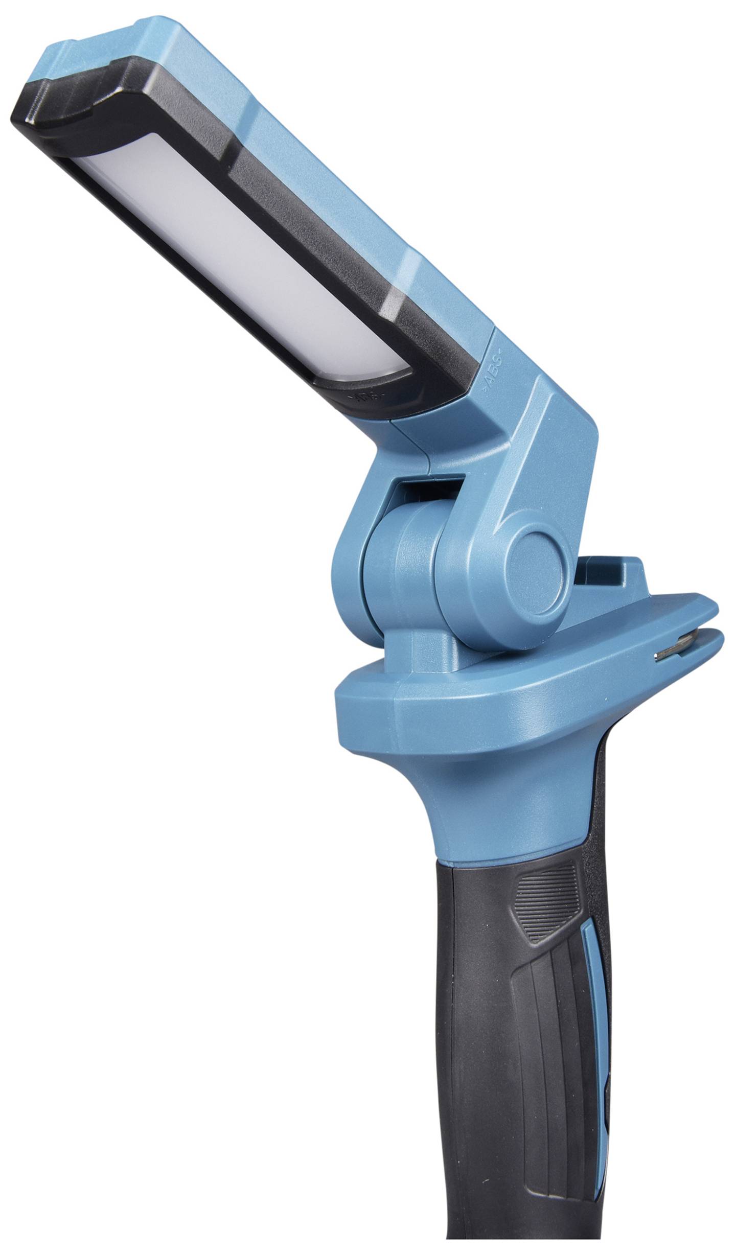 'Lampe de travail LED bleue avec tête flexible et pivotante et poignée ergonomique, adaptée aux projets d'atelier ou de bricolage.'