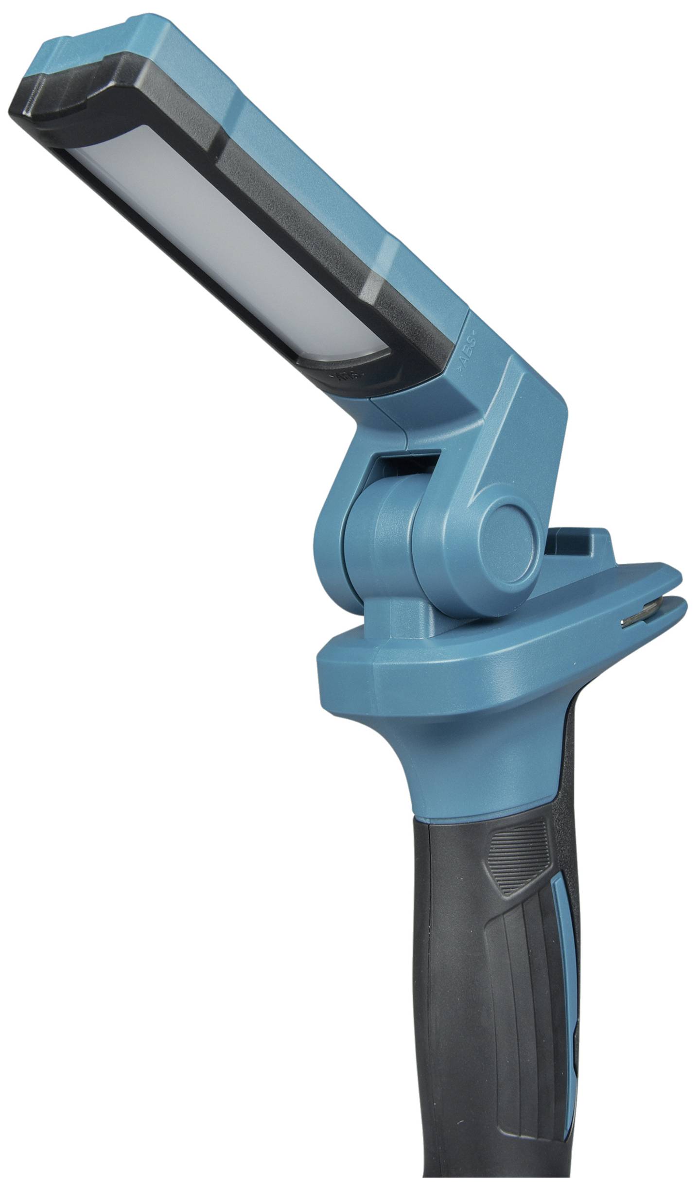 Une lampe de travail LED portable avec une poignée bleue et une tête d'éclairage réglable, adaptée aux activités d'atelier ou de plein air.