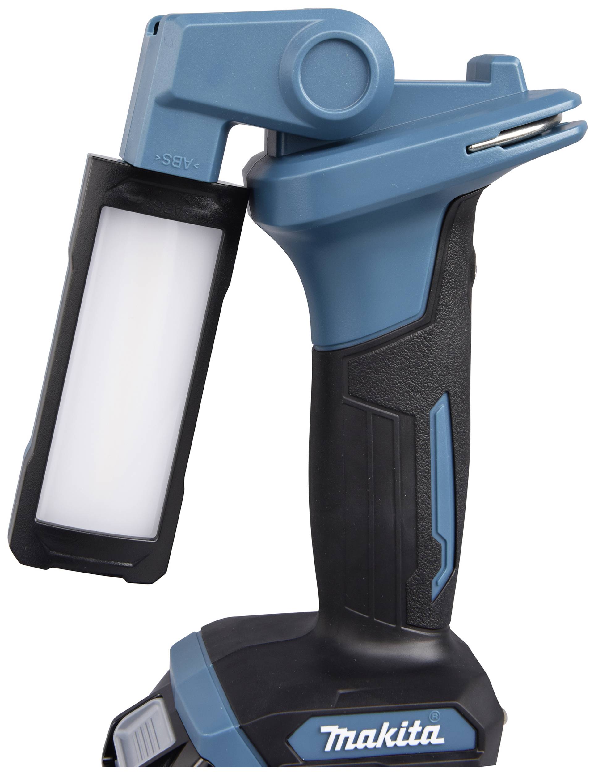 Lampe de travail bleue sans fil avec poignée noire et tête rectangulaire pivotante, conçue pour un éclairage mobile.