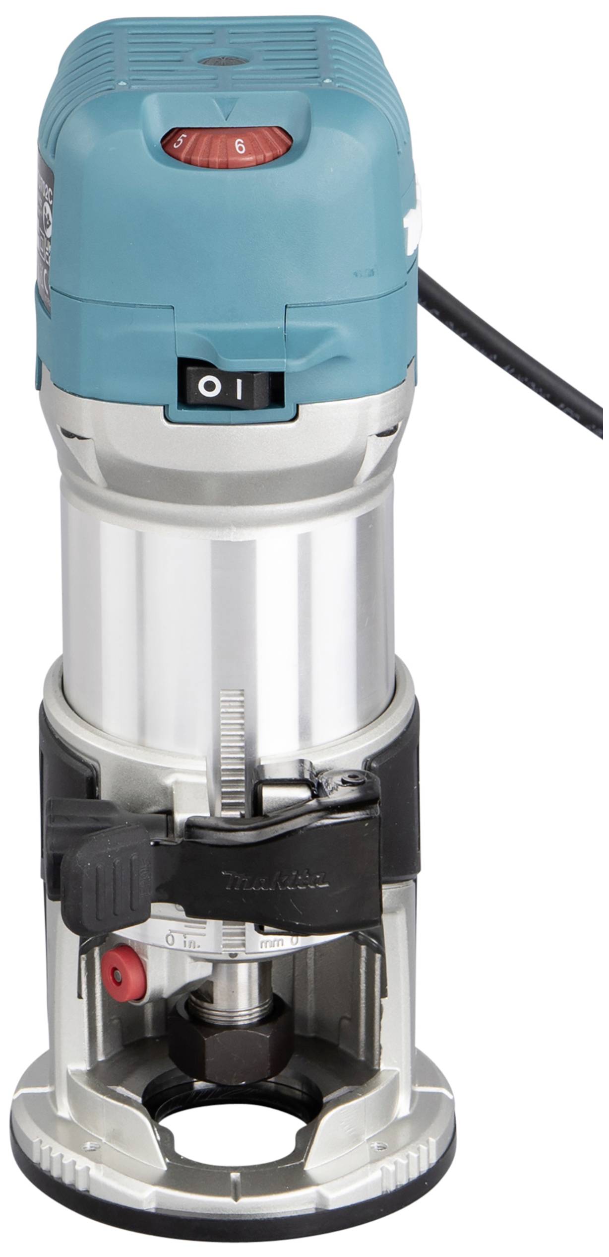 Défonceuse compacte bleue avec poignée noire. L'interrupteur marche/arrêt et la tête de fraisage sont bien visibles. Idéale pour un fraisage du bois précis.