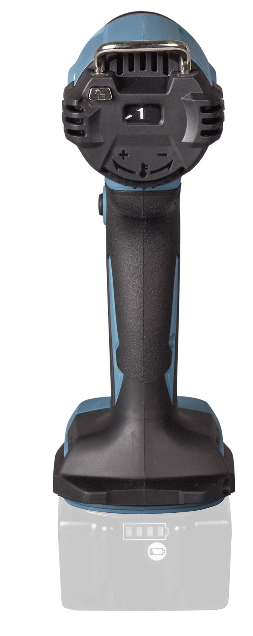 Un meuleuse d'angle sans fil portable avec une poignée bleue et noire. Des commandes clairement visibles sur la face avant.