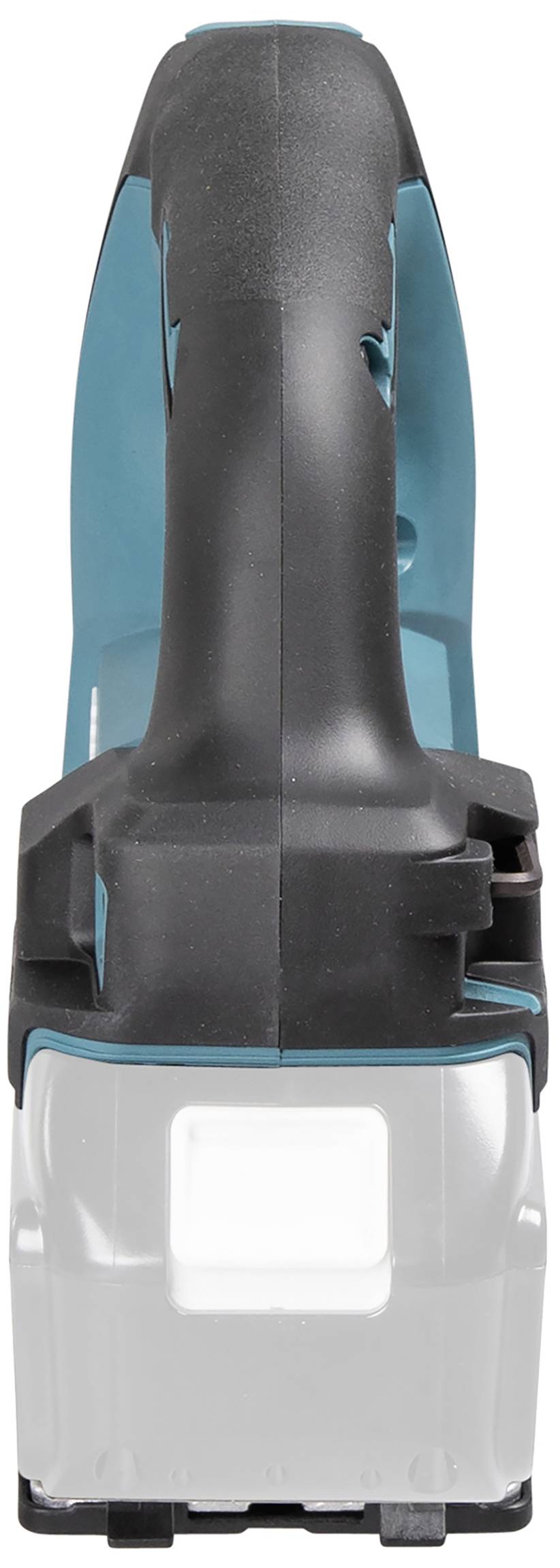 Poignée d'une tronçonneuse sans fil, vue de dessus, avec un boîtier bleu et une poignée noire.