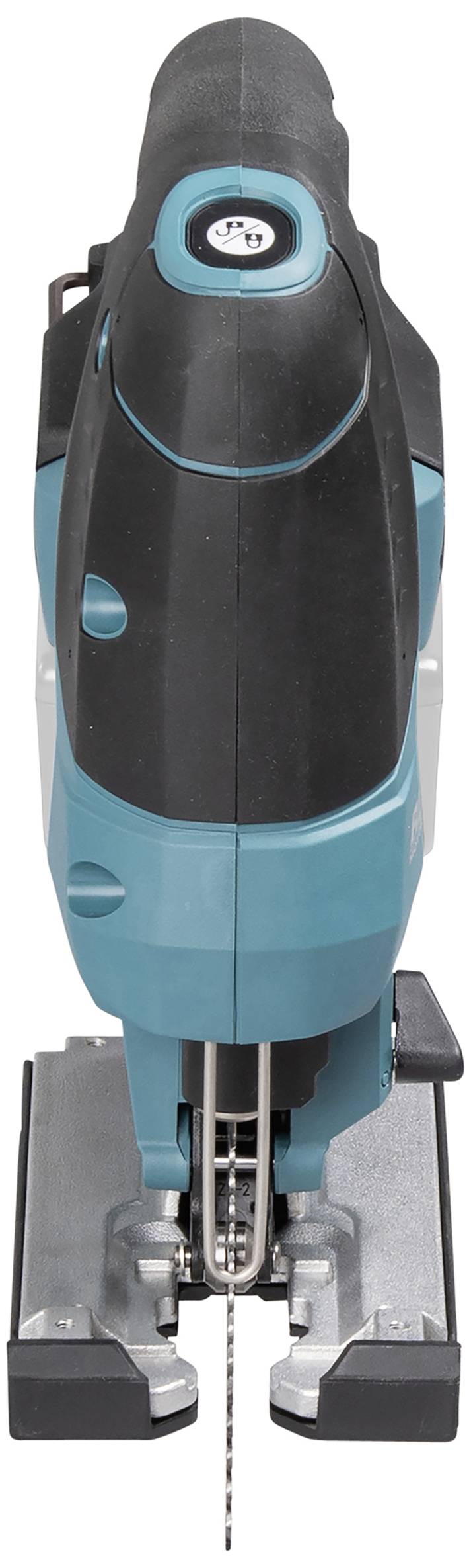 Outil électrique : Une scie sauteuse bleue et noire, vue de face. Idéale pour couper le bois et d'autres matériaux.