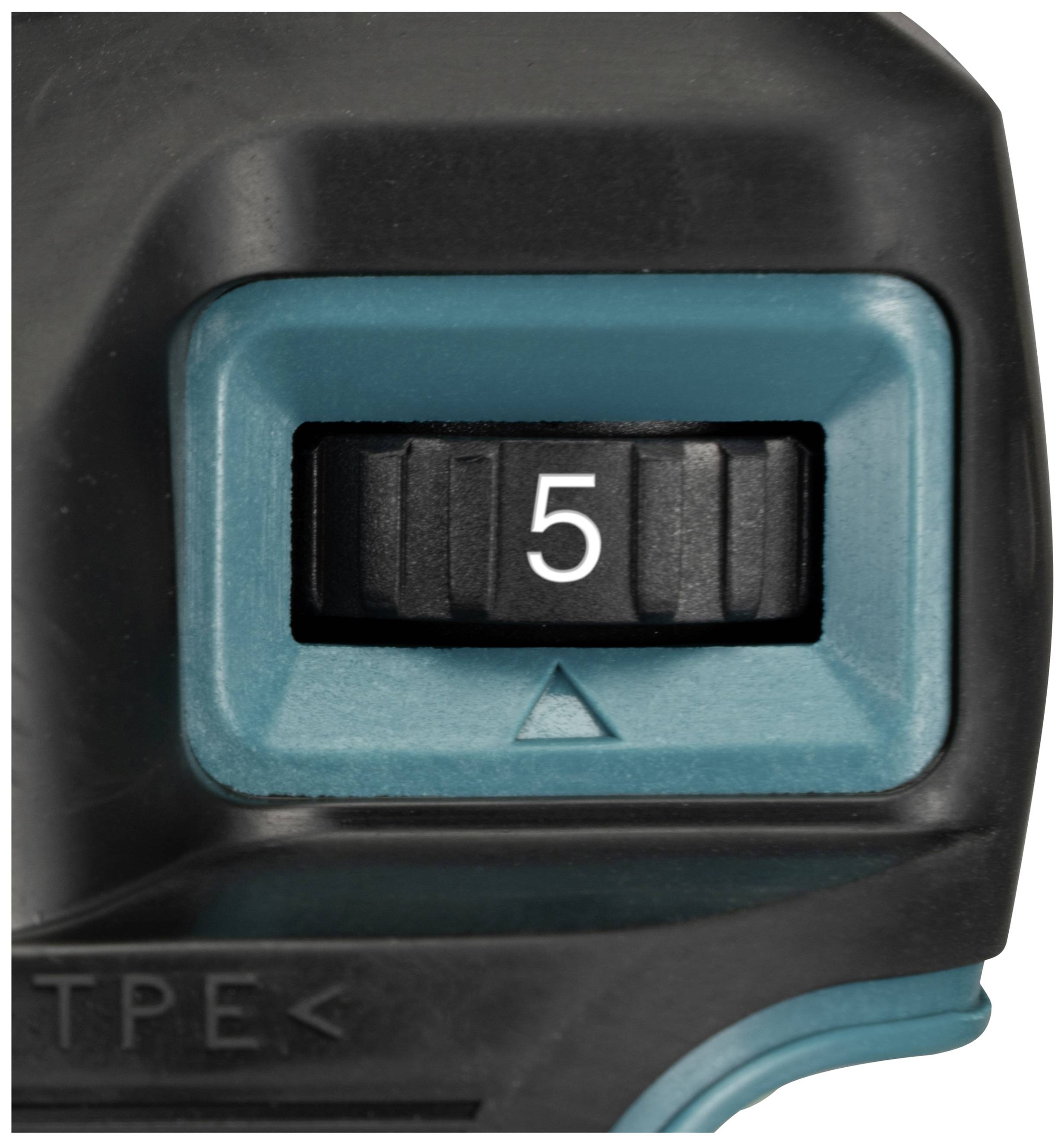 Bouton de réglage noir et bleu avec le chiffre '5' gravé au centre, entouré d'un cadre en creux.