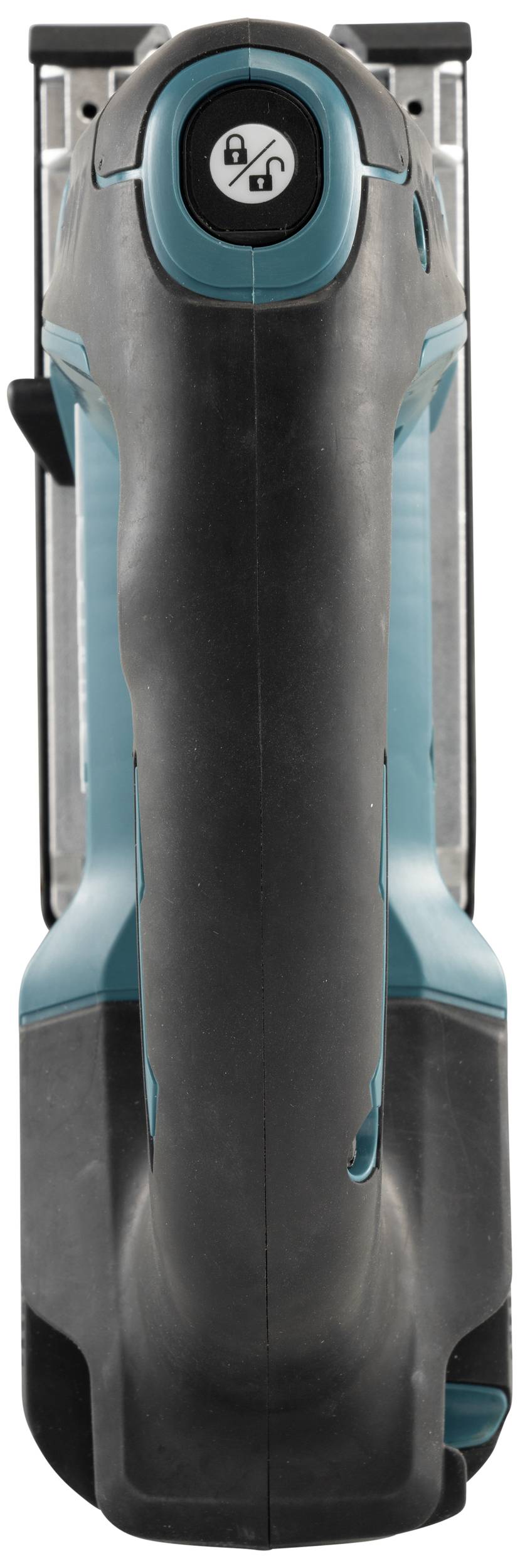 Un meuleuse d'angle électrique en noir et bleu, avec un verrou de sécurité à l'extrémité supérieure de la poignée.