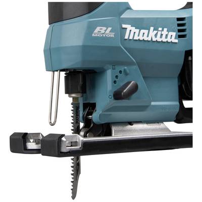 Un guide de scie sauteuse Makita bleu, vue latérale, avec la lame de scie installée et visible.