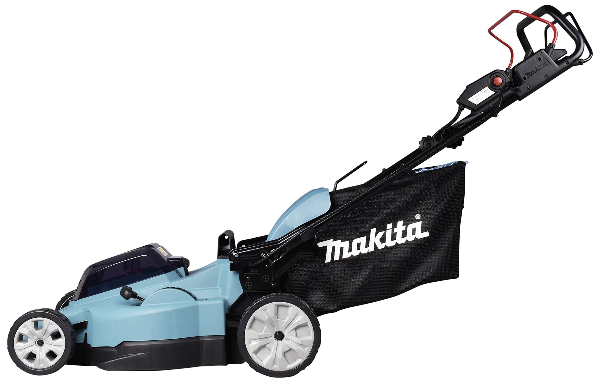 Un tondeuse à gazon bleue avec un bac de ramassage noir et le logo 'Makita' sur le côté.