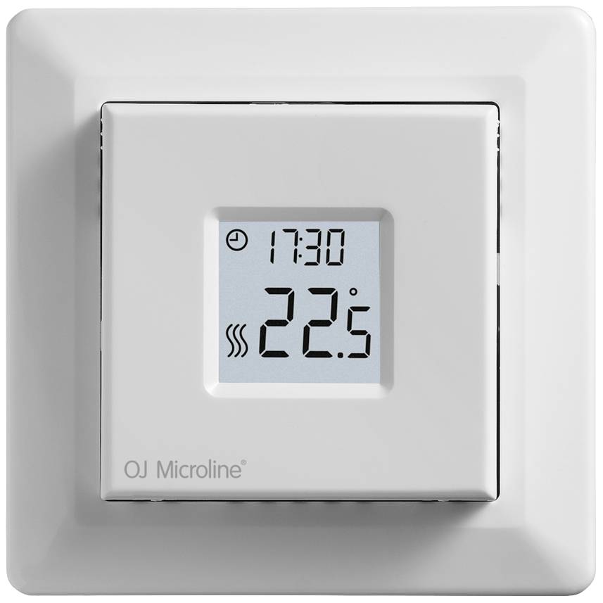 Un thermostat numérique affiche '17:30' et '22,5 °C'. L'appareil dispose d'un petit écran avec l'heure et l'indication de la température.