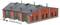 Modèle de dépôt de locomotive rouge à quatre portes avec des portes et des fenêtres vertes. Accessoires tels que des fûts et un morceau de mur inclus.