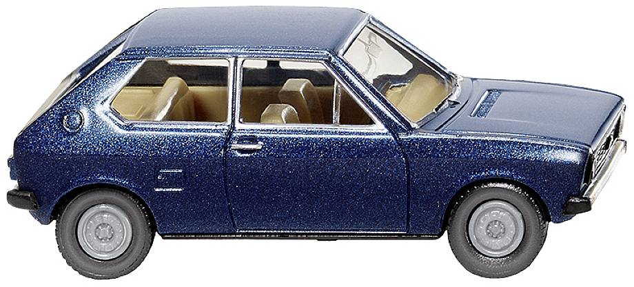 Une voiture miniature bleu foncé avec un toit fermé et quatre portes. Vue de côté, posée sur une surface lisse.