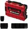 Coffret à outils rouge avec logo Einhell, entouré de trois supports rectangulaires noirs.