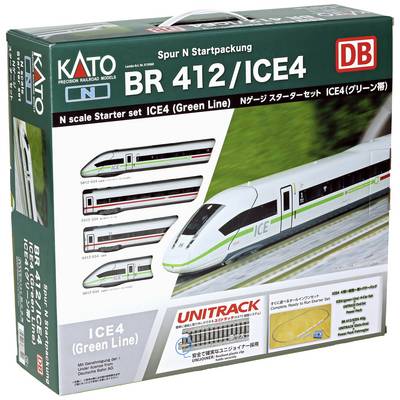 Emballage d'un coffret de démarrage pour train miniature échelle N de la marque KATO, série BR 412/ICE4, désigné comme 'Green Line'. Comprend des illustrations de train et un plan de voies Unitrack.