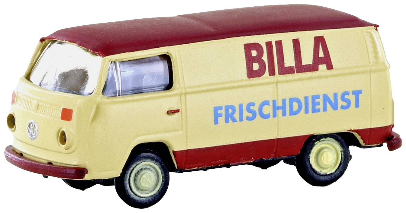 Un modèle réduit d'un fourgon jaune avec un toit rouge, portant l'inscription 'BILLA FRISCHDIENST'. Un logo VW est situé à l'avant gauche.