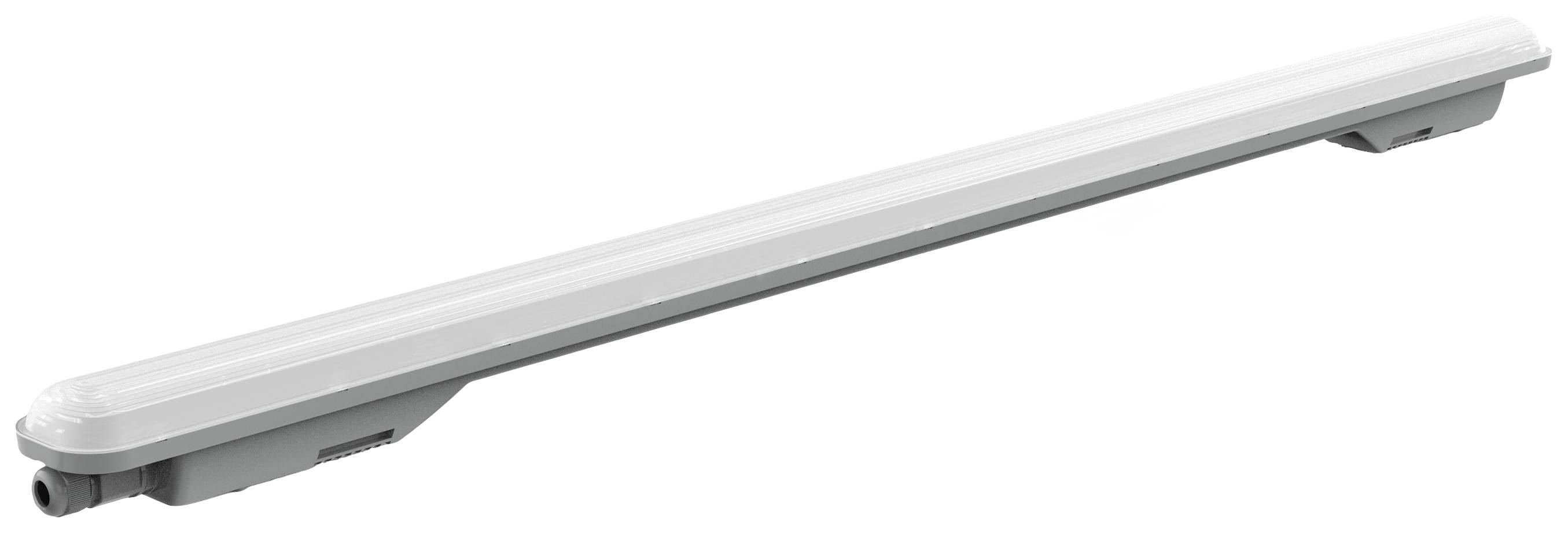 Lumière LED grise rectangulaire au couvercle transparent, adaptée pour un montage au plafond, offrant une répartition uniforme de la lumière.