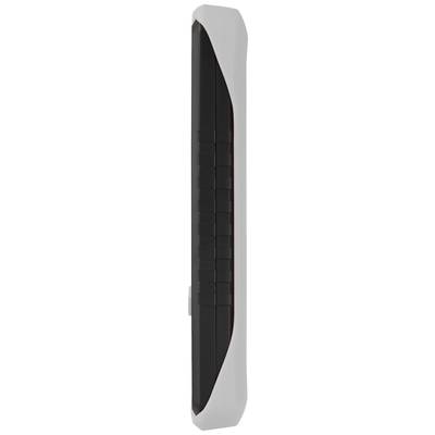 Une télécommande avec un avant noir et un cadre blanc, orientée verticalement.