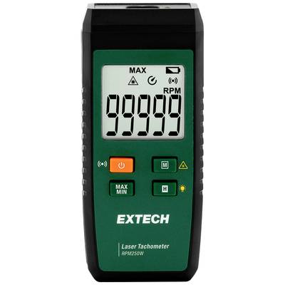 Tachymètre laser numérique avec grand affichage montrant '99999 tr/min'. L'appareil dispose de boutons de démarrage, d'arrêt et de lumière. Marquage 'EXTECH RPM250W'.