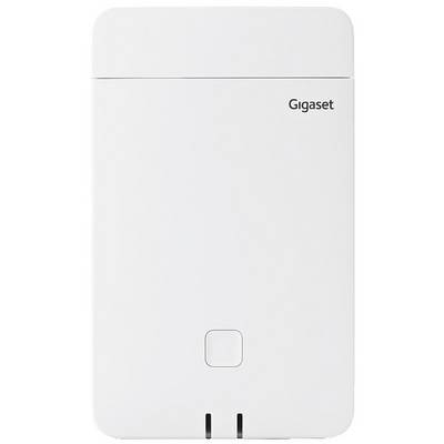 Module téléphonique Gigaset blanc, rectangulaire, au design minimaliste. 'Gigaset' est inscrit en haut à droite.