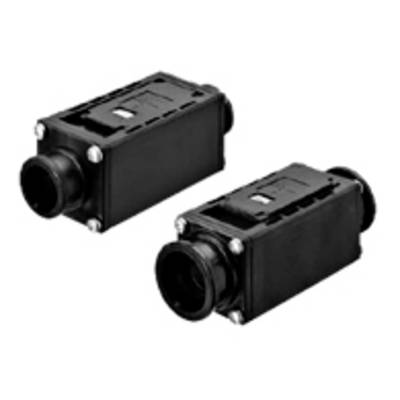 Deux boîtiers noirs rectangulaires identiques avec des connexions cylindriques sur un fond blanc.