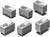 Six composants électroniques rectangulaires, probablement des relais, avec des contacts de connexion, disposés en deux rangées.