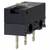 Un micro-interrupteur noir avec trois bornes métalliques et une petite touche grise sur le dessus. Adapté pour des applications électroniques.