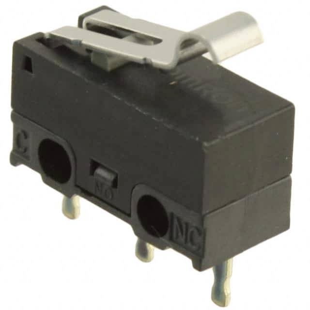 Un micro-interrupteur noir avec un levier métallique, deux trous de fixation et trois bornes de connexion électrique.