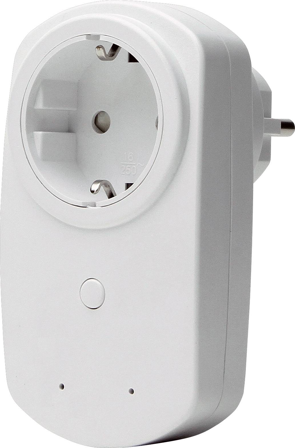 Une prise intelligente blanche avec une prise Schuko et un interrupteur marche/arrêt, adaptée pour contrôler des appareils électroniques à la maison.