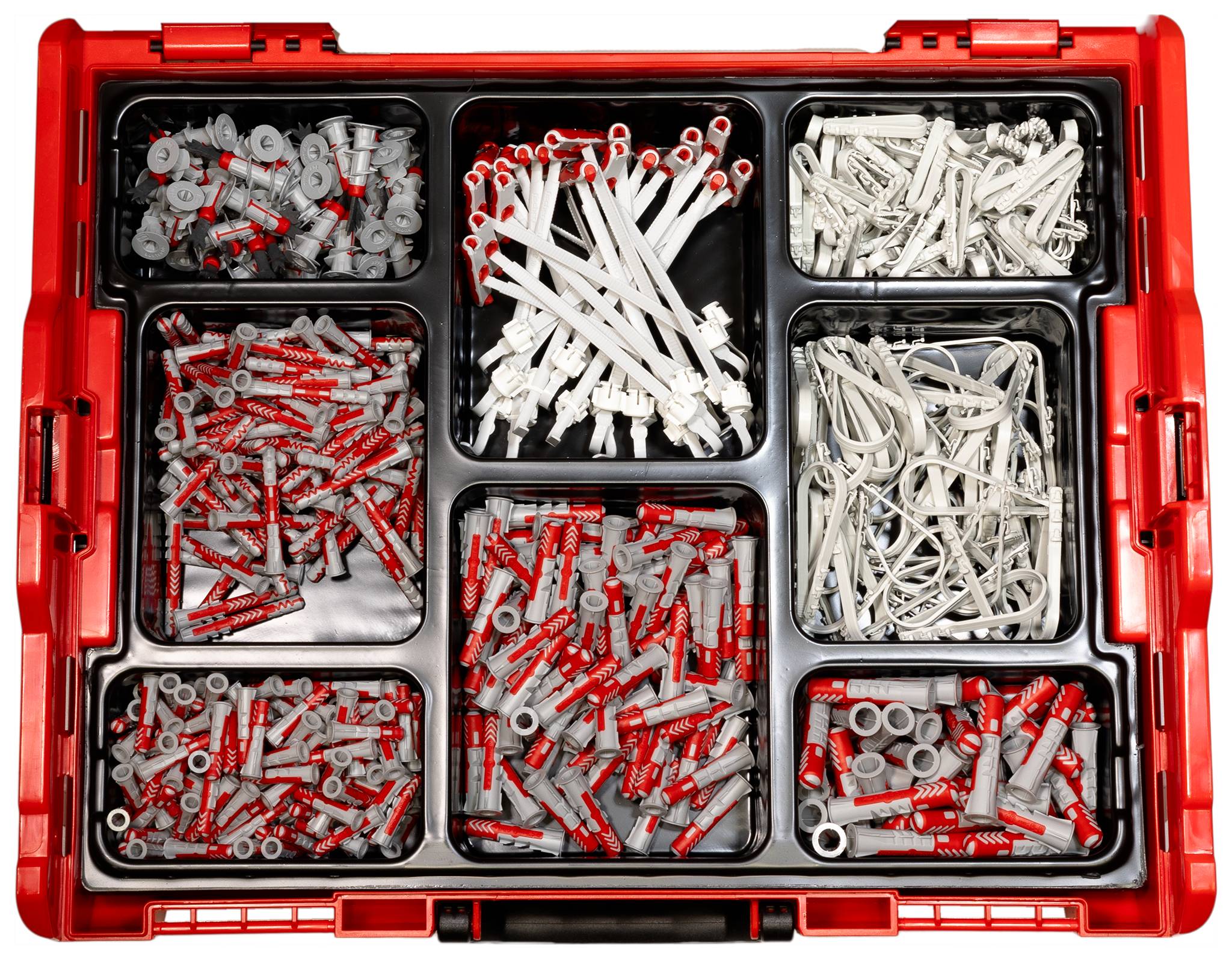 Une boîte à outils ouverte montre différents types de chevilles, de pinces et de colliers de serrage dans des compartiments séparés.