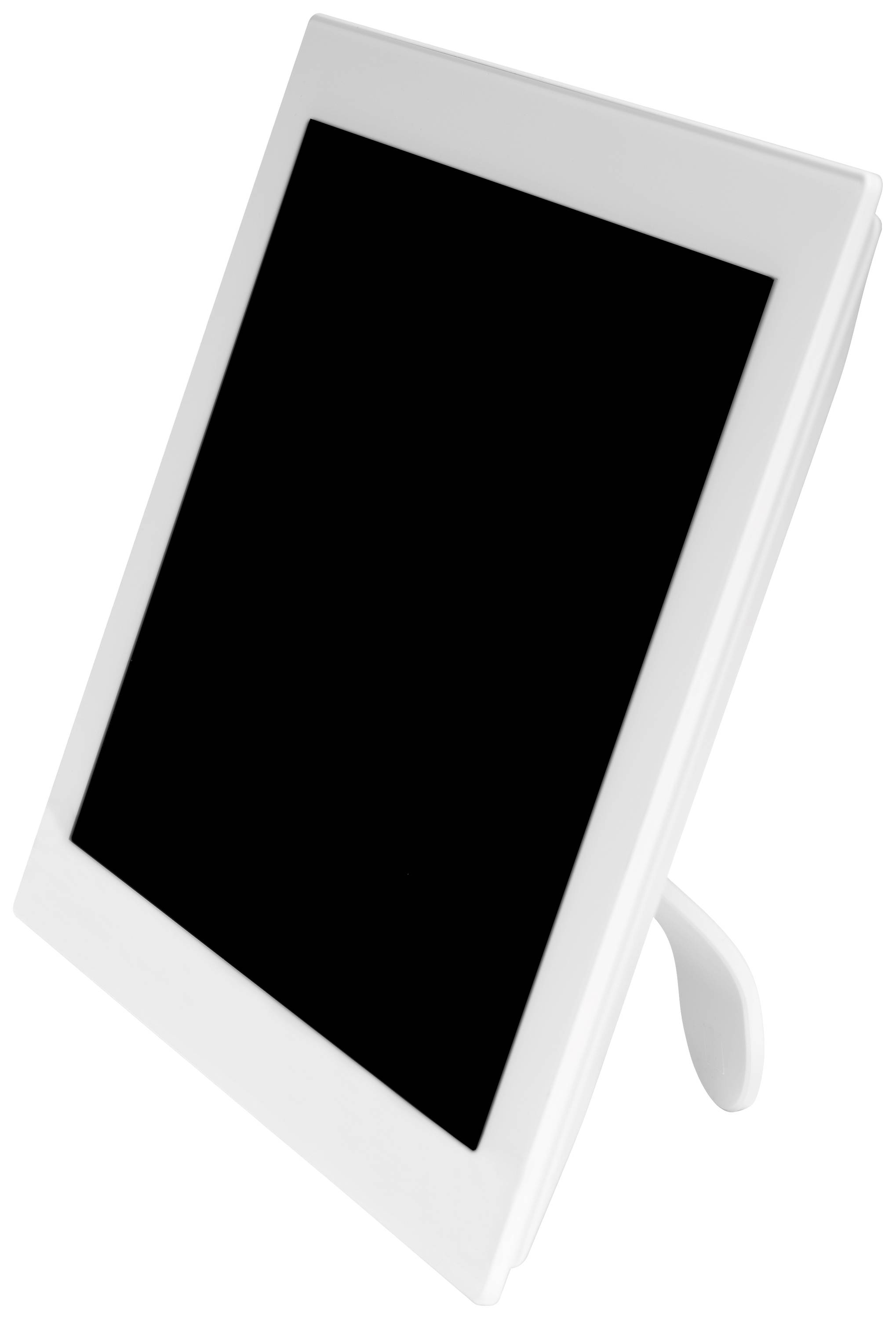 Un cadre photo numérique blanc sur un support, avec un écran noir sur un fond blanc.
