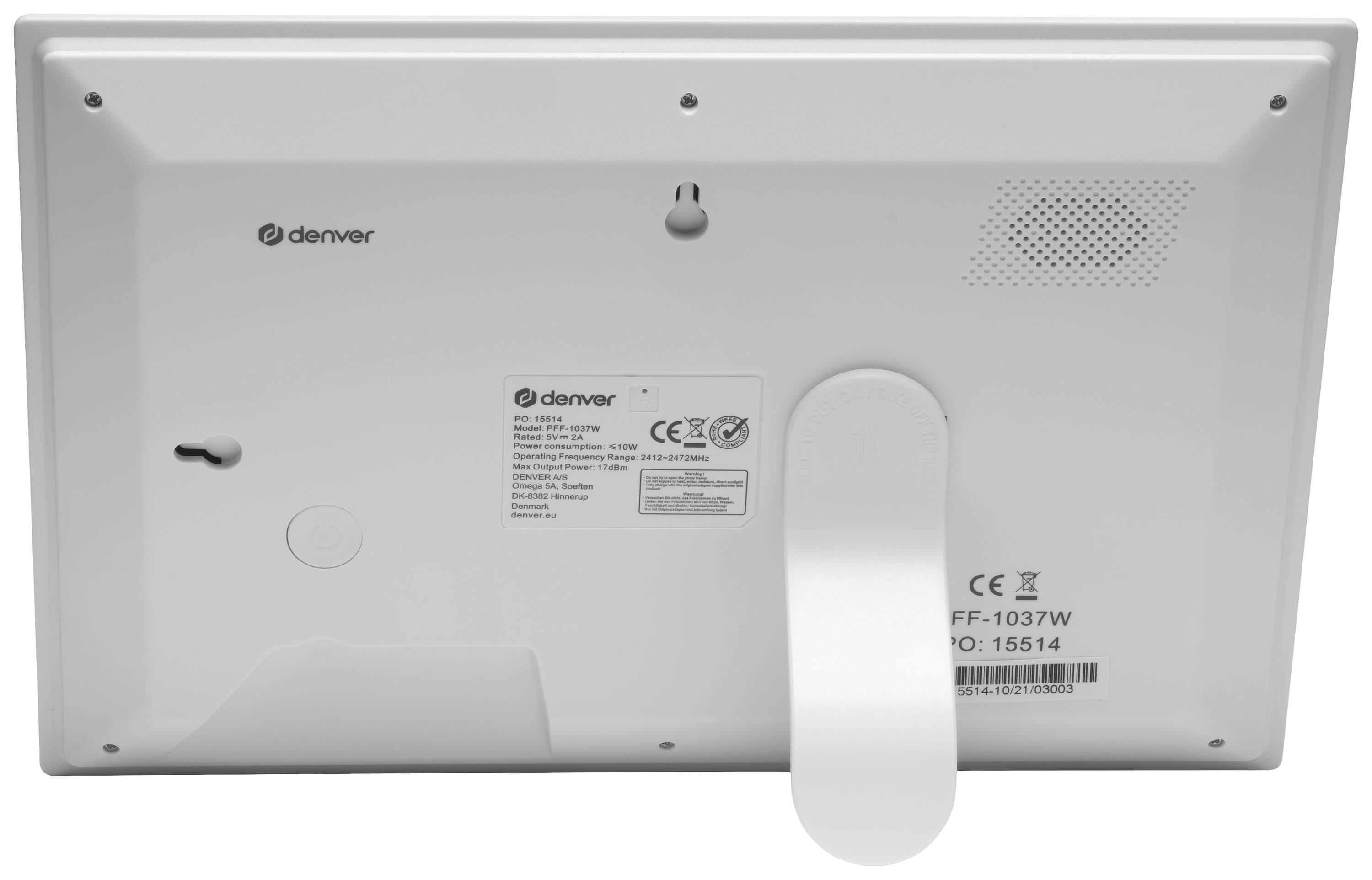 Verso d'un appareil électronique blanc avec support, logo de l'entreprise et informations techniques, incluant le marquage CE.