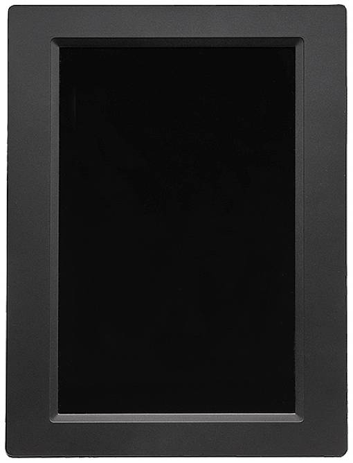 Un cadre photo noir vide avec une bordure épaisse gris foncé, orienté verticalement.