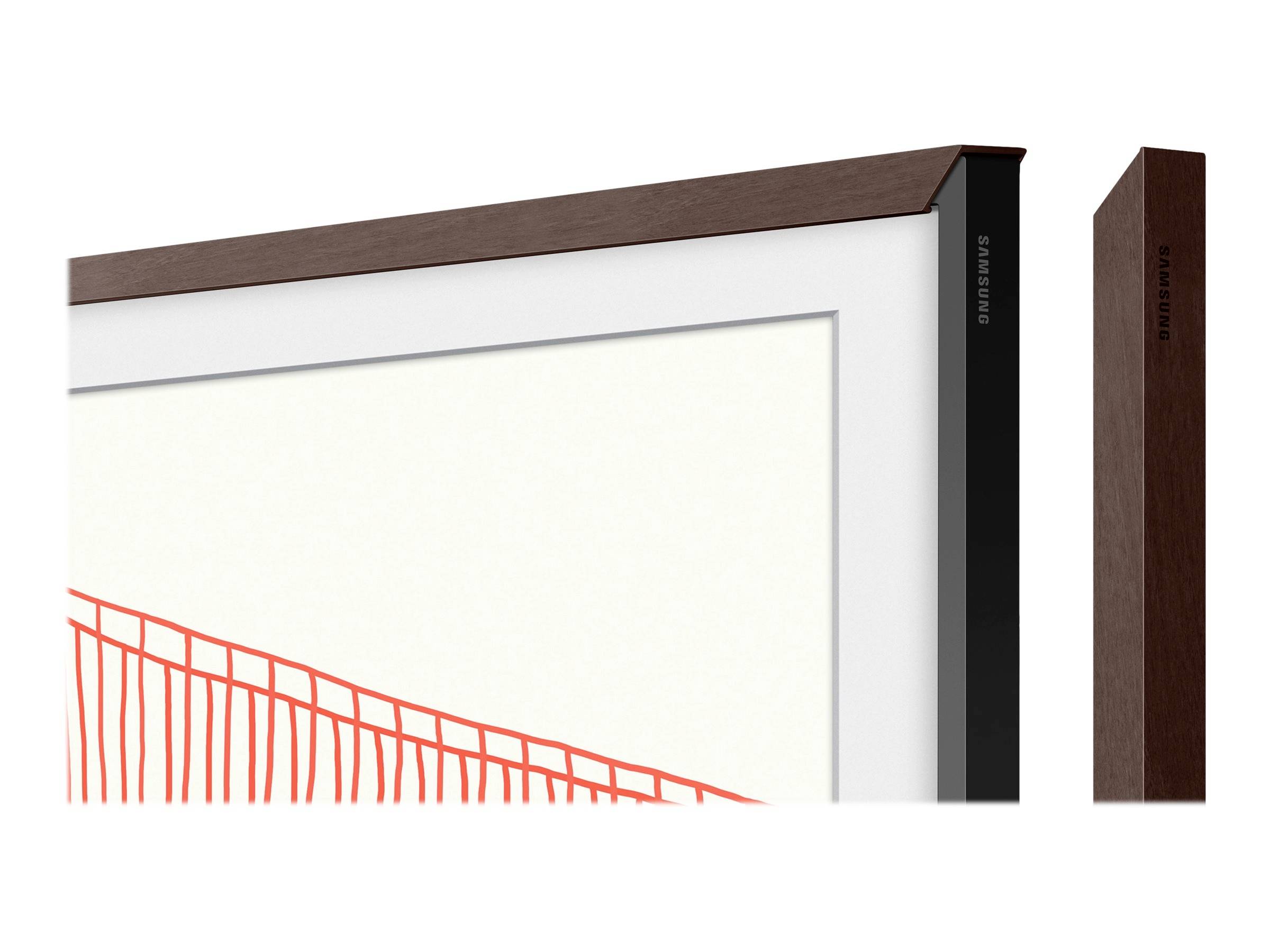 Cadre de téléviseur aspect bois avec découpe d'un motif graphique rouge sur fond blanc.