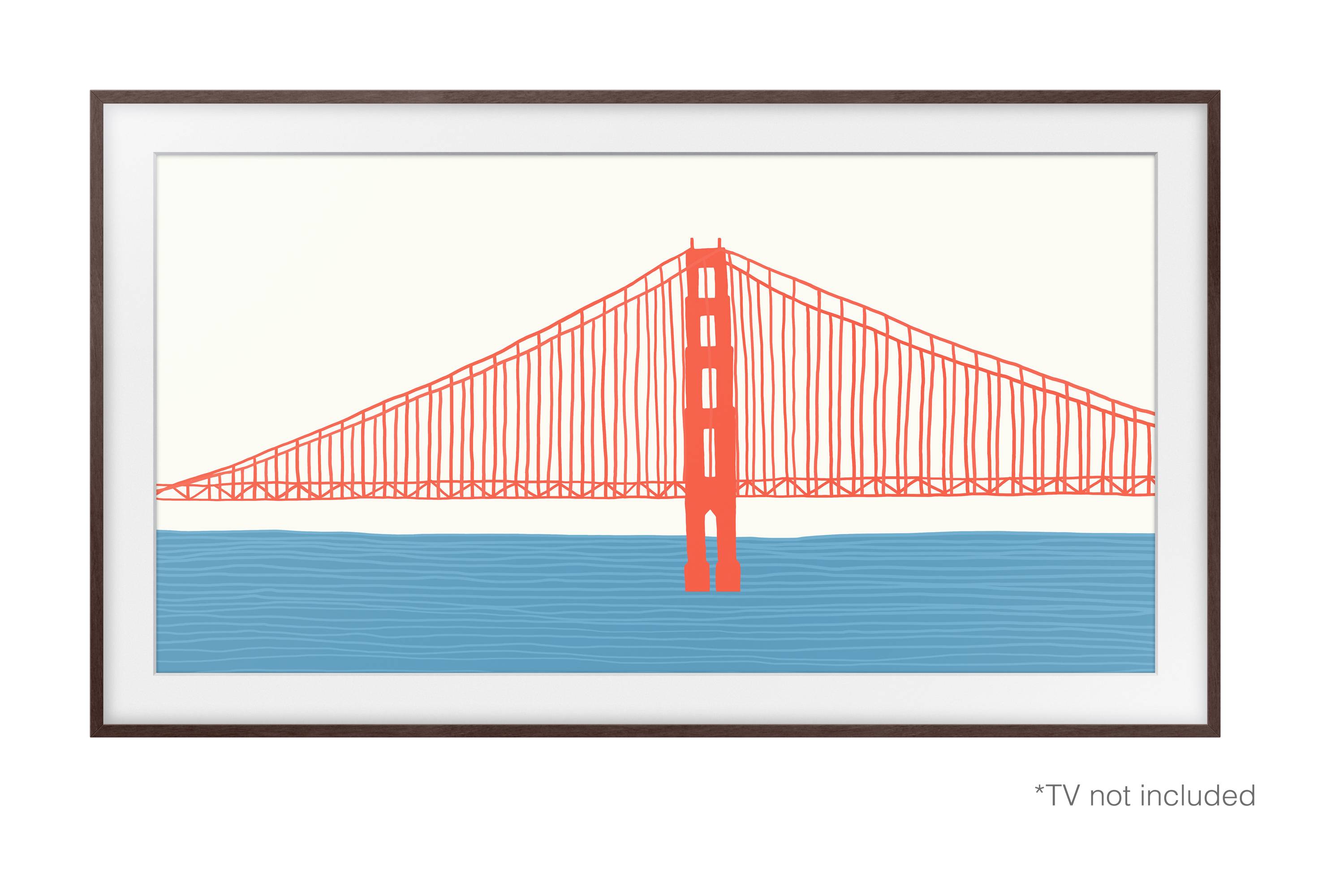 Illustration d'un pont suspendu stylisé rouge au-dessus d'une rivière bleue, encadré ; TV non incluse dans la livraison.