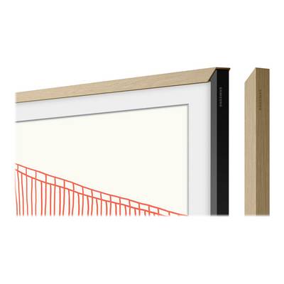 Un téléviseur avec un cadre au style boisé et en mode Art affiche un dessin rouge, linéaire, sur un fond blanc.