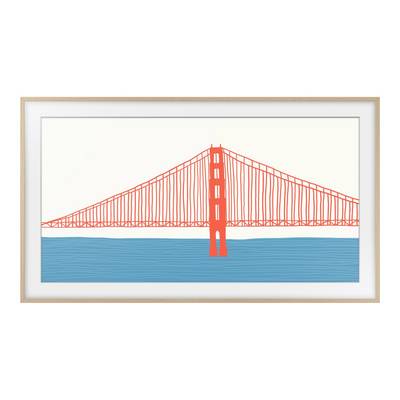 Image encadrée d'un pont stylisé surplombant une eau bleue sur un fond clair.