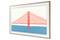 Un cadre encadre une illustration stylisée d'un grand pont rouge au-dessus d'une eau bleue dans un design minimaliste.