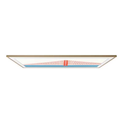 Un tableau encadré représente un pont stylisé rouge sur un fond bleu, conçu de manière minimaliste.