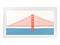Illustration d'un pont suspendu rouge au-dessus d'une eau bleue, représenté de manière stylisée et minimaliste, sur un fond blanc.