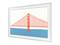 Illustration monochrome d'un pont suspendu rouge au-dessus d'une eau bleue, au format paysage dans un cadre blanc.