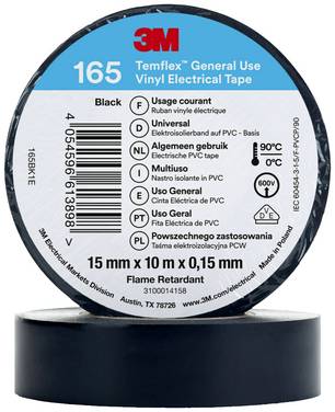 3M Temflex™ 165 165BK1E Ruban isolant Temflex™ 165 noir (L x l) 10 m x 15 mm 1 pc(s)