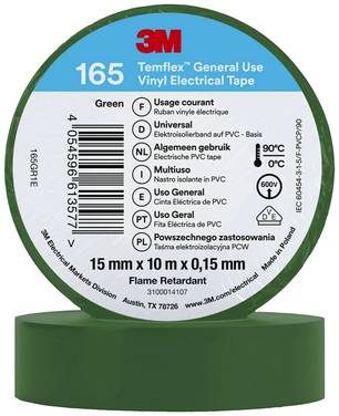 3M Temflex™ 165 165GR1E Ruban isolant Temflex™ 165 vert (L x l) 10 m x 15 mm 1 pc(s)
