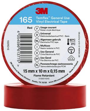 3M Temflex™ 165 165RD1E Ruban isolant Temflex™ 165 rouge (L x l) 10 m x 15 mm 1 pc(s)