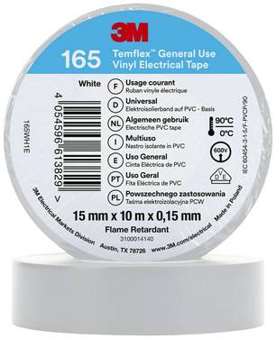 3M Temflex™ 165 165WH1E Ruban isolant Temflex™ 165 blanc (L x l) 10 m x 15 mm 1 pc(s)