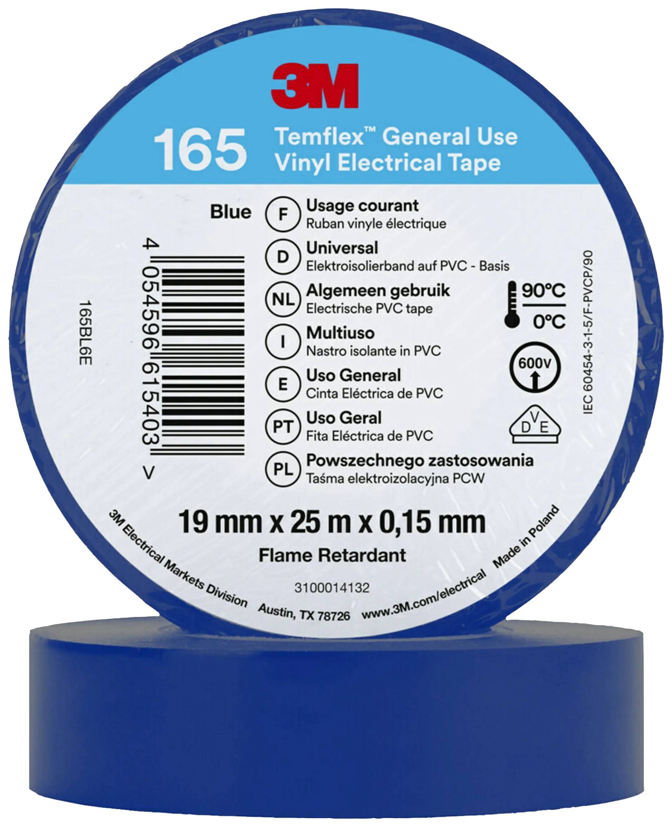 Ruban isolant électrique de marque, bleu, 19 mm x 25 m x 0,15 mm, auto-extinguible, pour applications polyvalentes, certifié ISO.