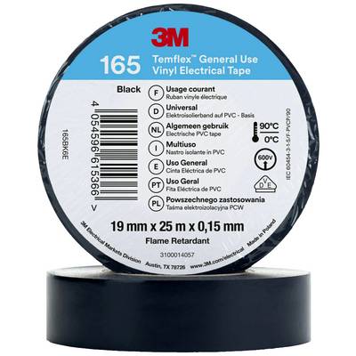 Ruban isolant en vinyle à usage général 3M Temflex en noir. 19 mm x 25 m x 0,15 mm. Résistant jusqu'à 90°C, auto-extinguible.