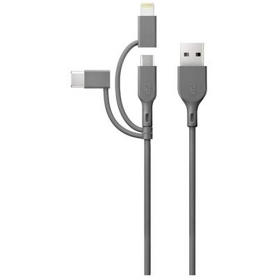 Un câble de charge USB avec trois connecteurs : USB-C, Micro-USB et Lightning, pour une compatibilité multiappareil.