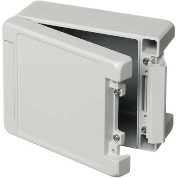 Boîtier électronique gris en plastique, partiellement ouvert, révélant son intérieur. Adapté pour les composants électroniques.