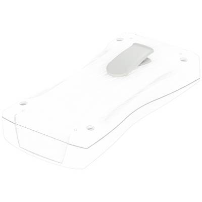 Un appareil rectangulaire et plat avec des coins arrondis et une pince grise au centre.